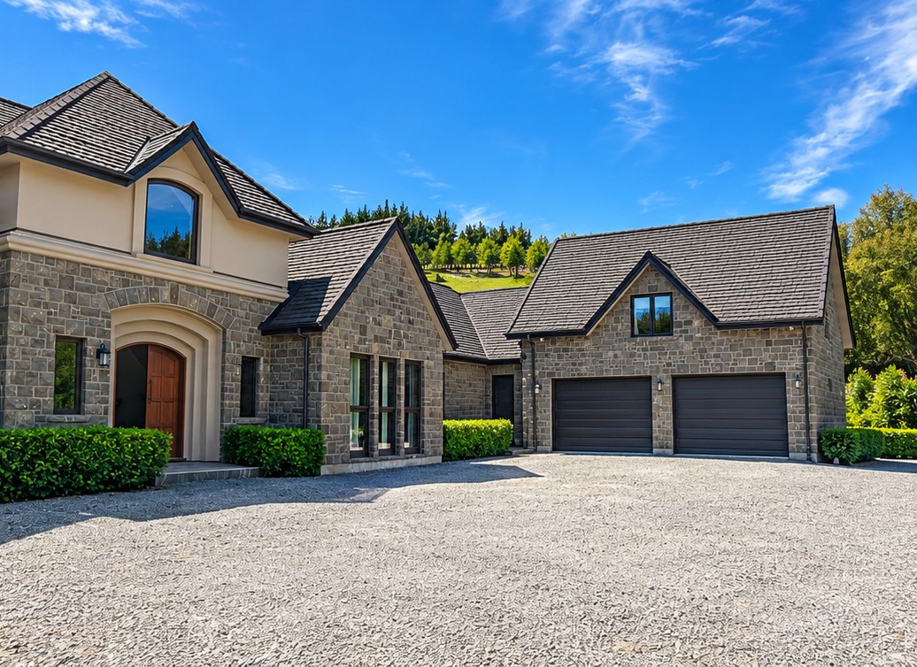 Stone residence and garage wing with a clear driveway, vehicles removed from image